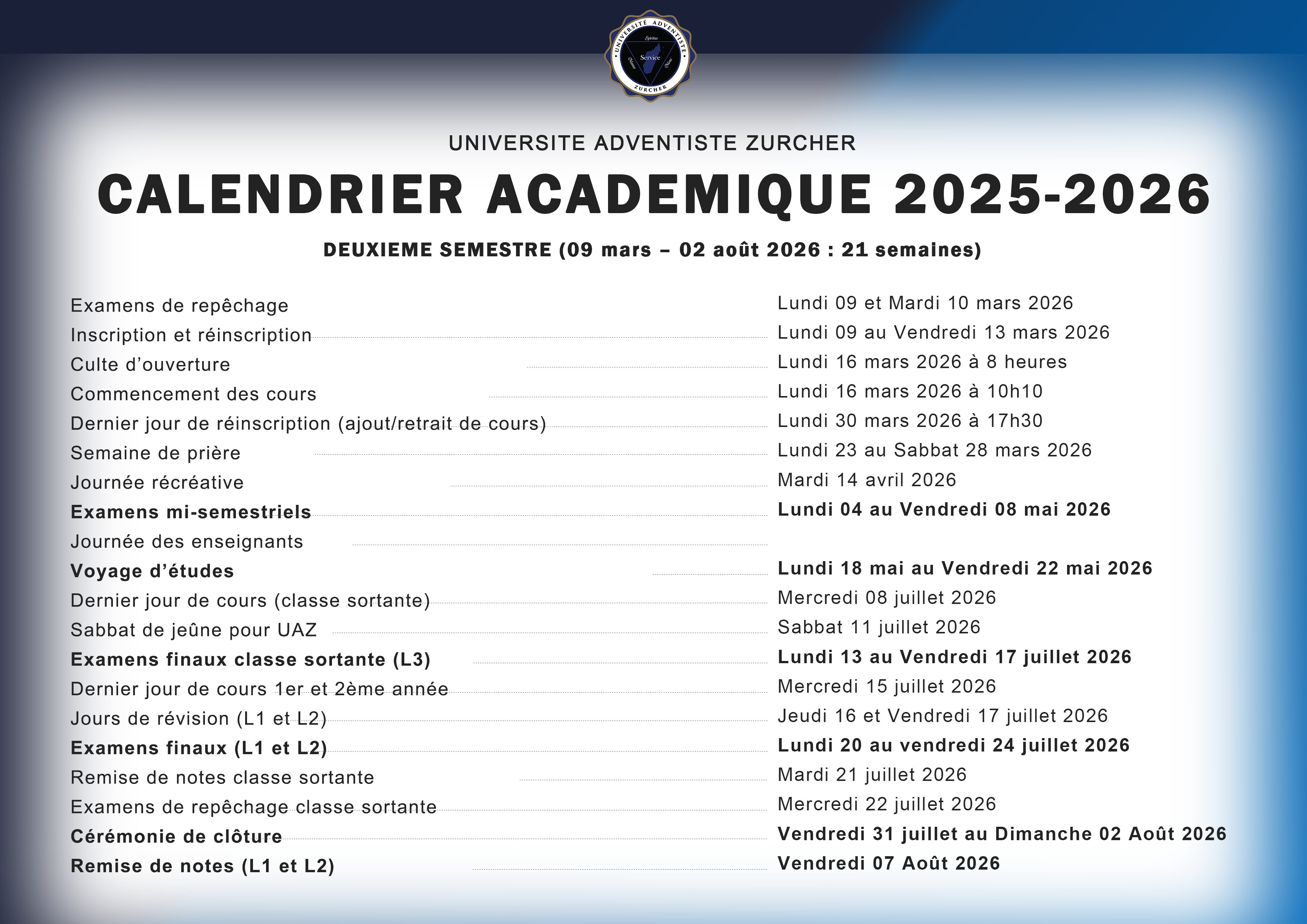calendrier académique 2025- 2026 2em semesetre
