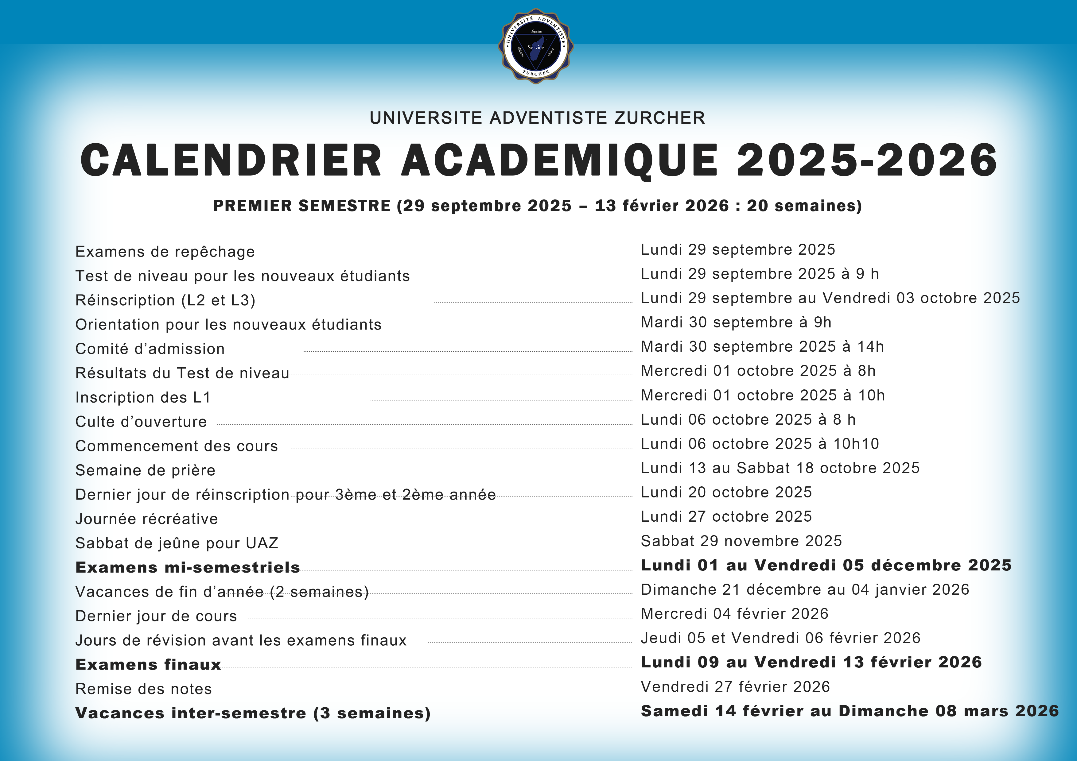 calendrier académique 2024- 2025 1er semesetre