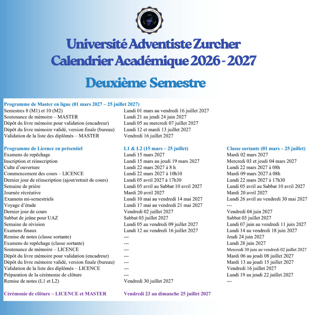 calendrier acad 2ème semestre